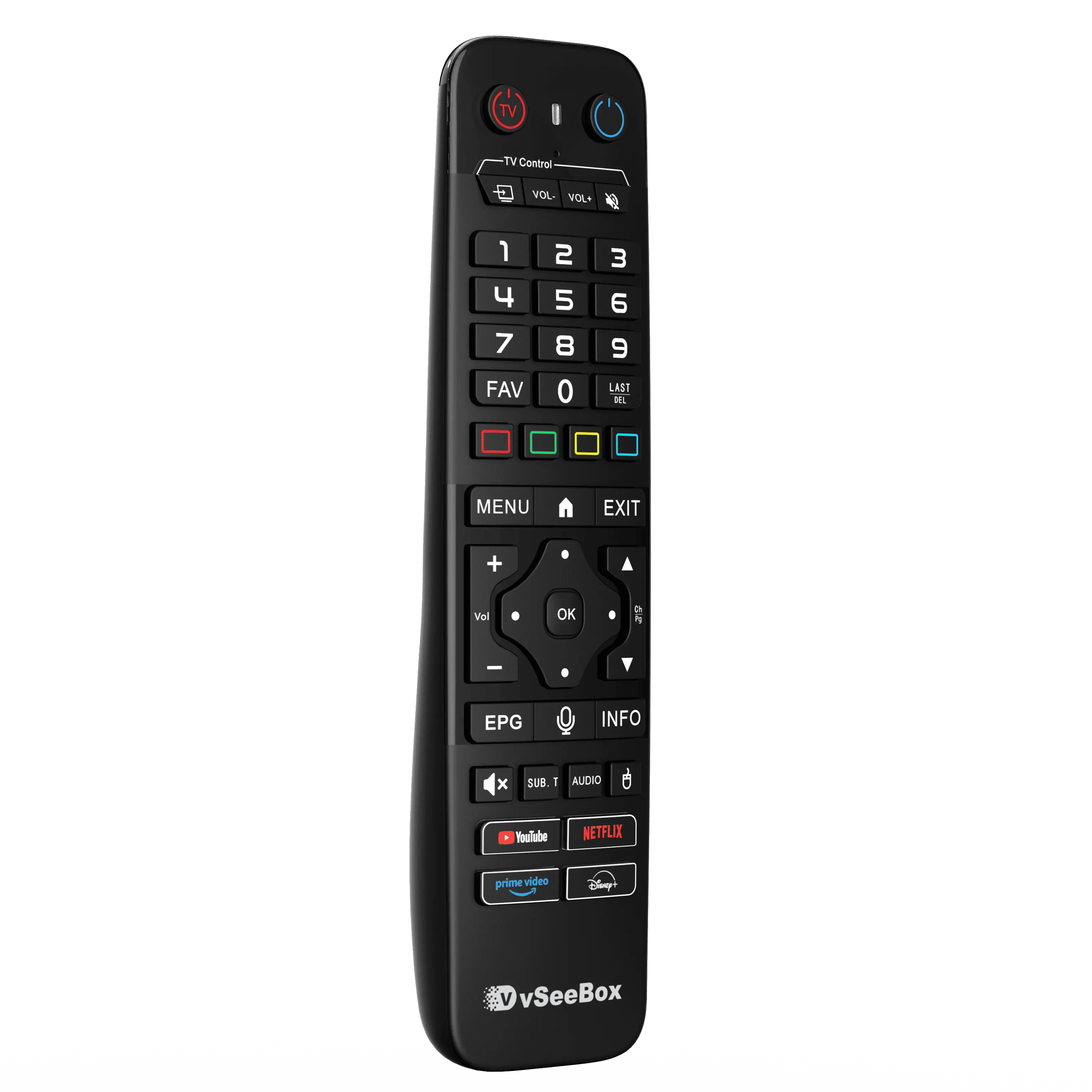vSeeBox V6 Max voice remote control with shortcut buttons and navigation keys