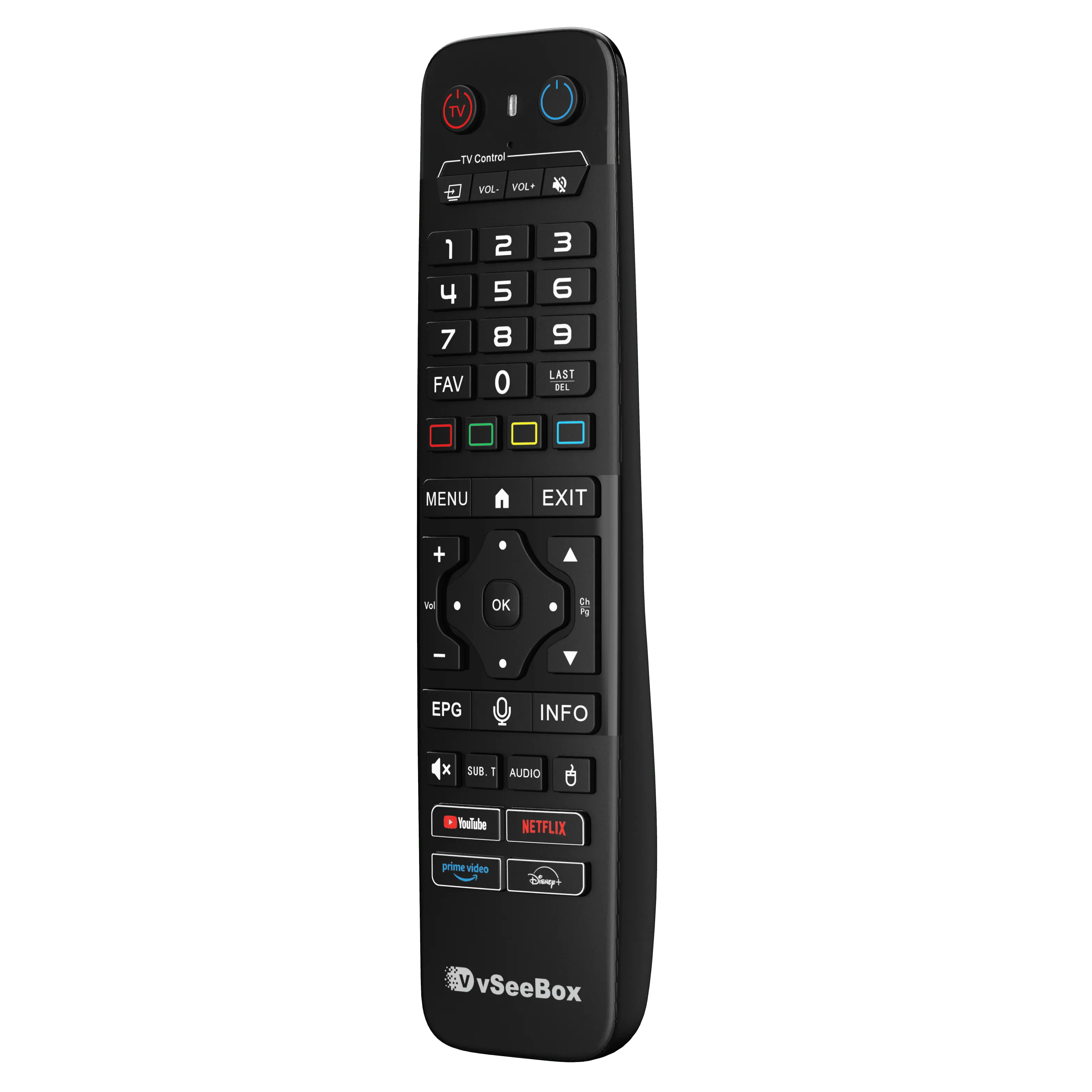 Slim vSeeBox V6 Max voice remote control with navigation and media shortcut buttons