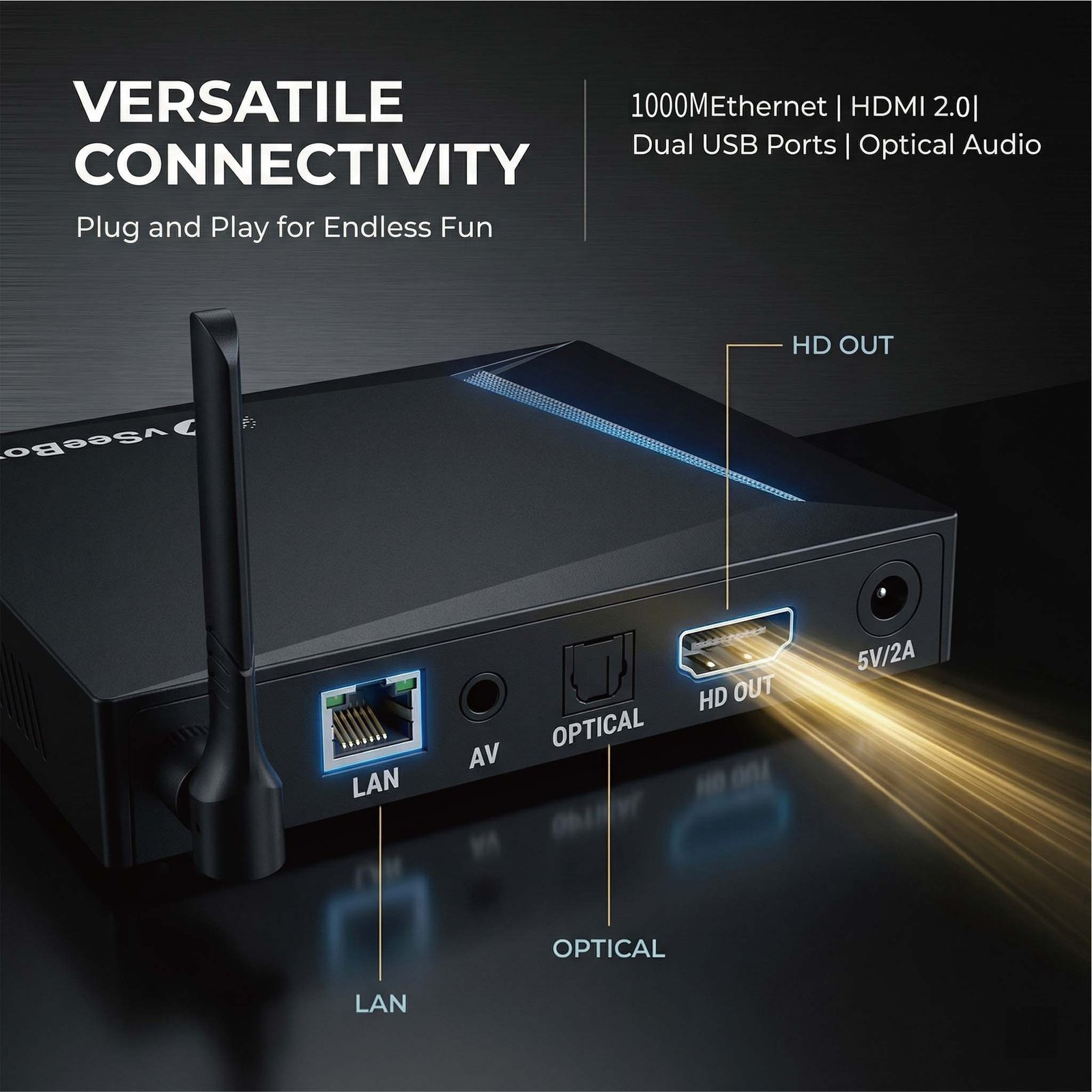 vSeeBox V6 Pro ports showing HDMI, LAN Ethernet, optical audio and AV connectivity