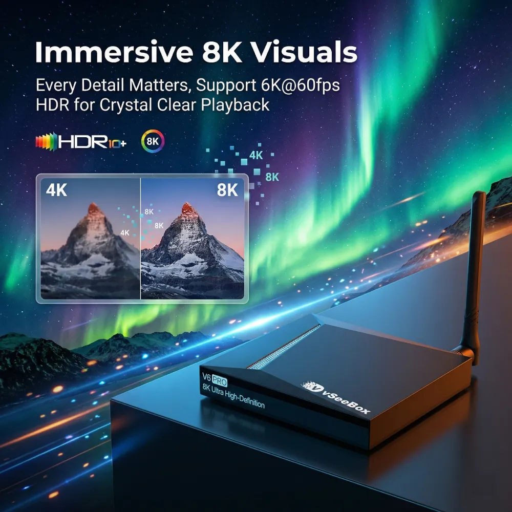 vSeeBox V6 Pro 8K Android TV box with HDR10+ immersive visuals and 4K vs 8K comparison