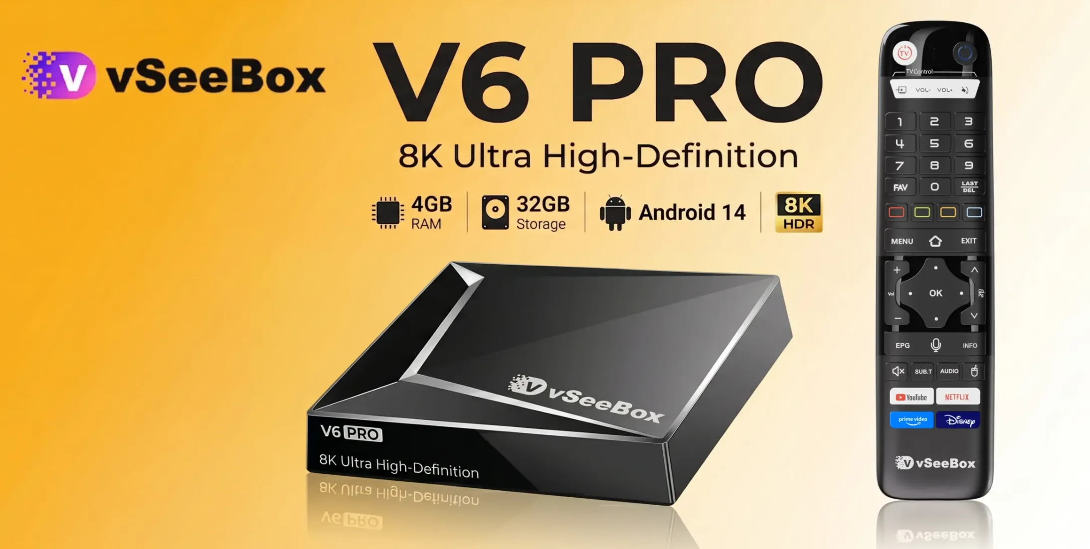 vSeeBox V6 Pro 8K Android TV box with remote 4GB RAM 32GB storage Android 14