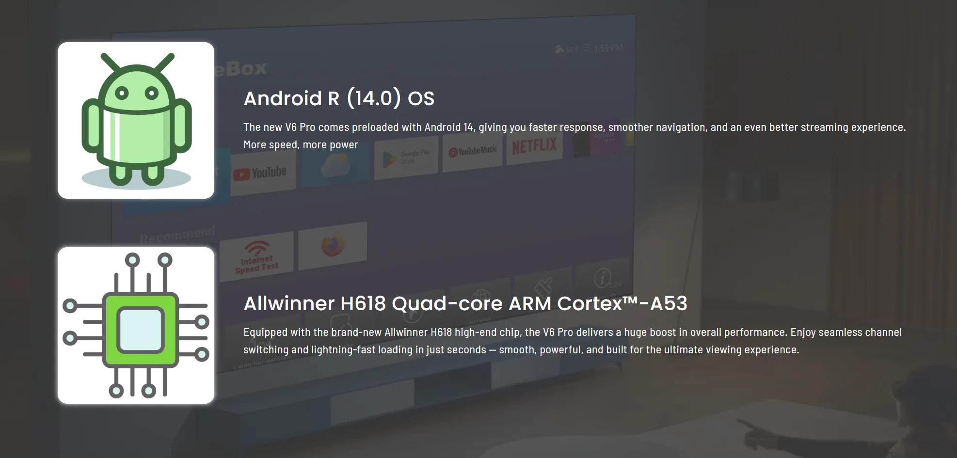 vSeeBox V6 Pro Android 14 OS and Allwinner H618 quad-core processor performance graphic