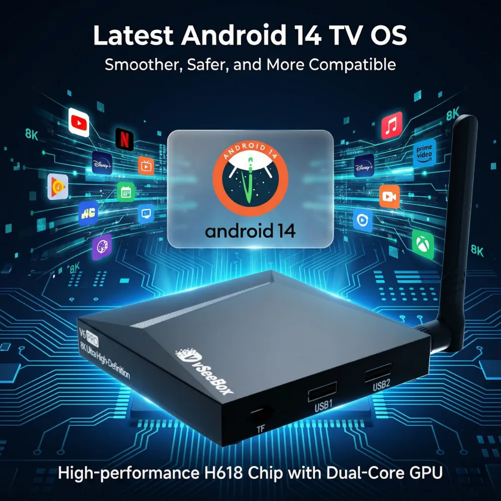 vSeeBox V6 Pro Android 14 TV box with streaming apps and high-performance H618 chip