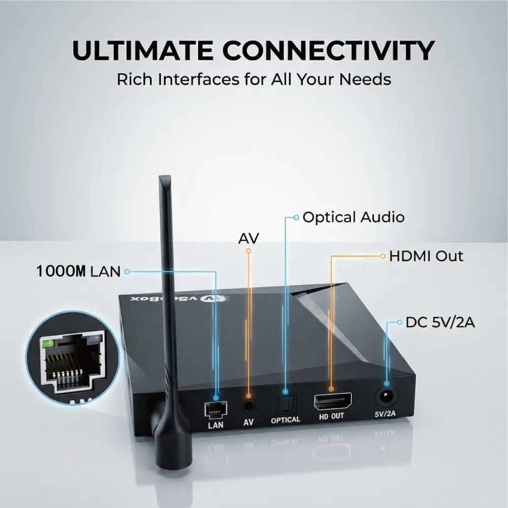 vSeeBox V6 Pro ports and connectivity showing LAN, HDMI out, optical audio, AV and power input