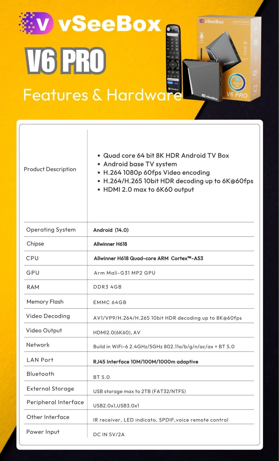 vSeeBox V6 Pro features and hardware specs chart with Android 14, H618 chip, 4GB RAM and 64GB storage