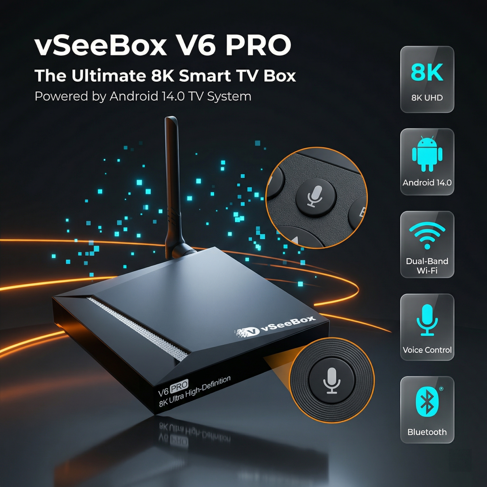 vSeeBox V6 Pro 8K Android 14 TV box with WiFi, Bluetooth, and voice control features