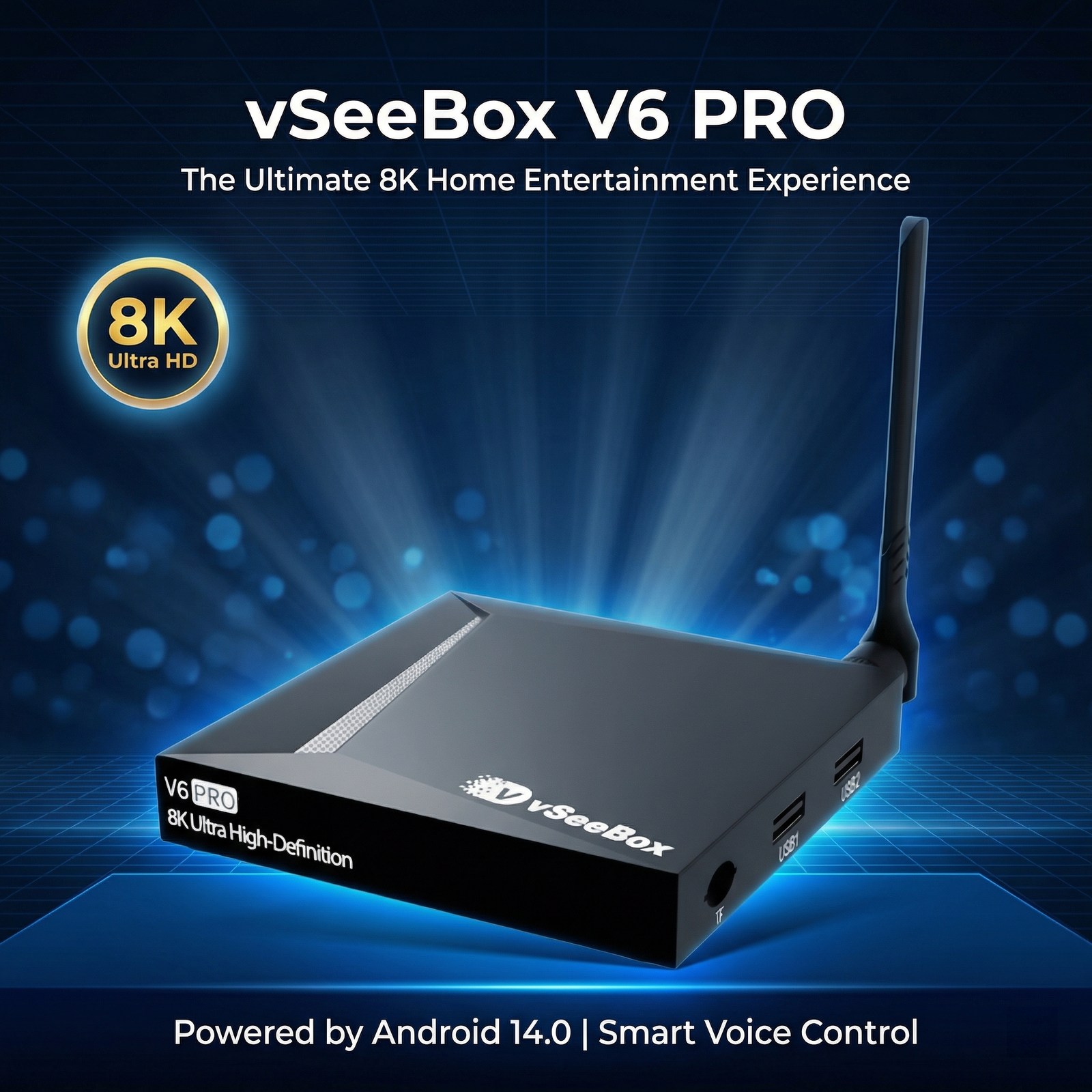 vSeeBox V6 Pro 8K streaming device with Android 14 and smart voice control