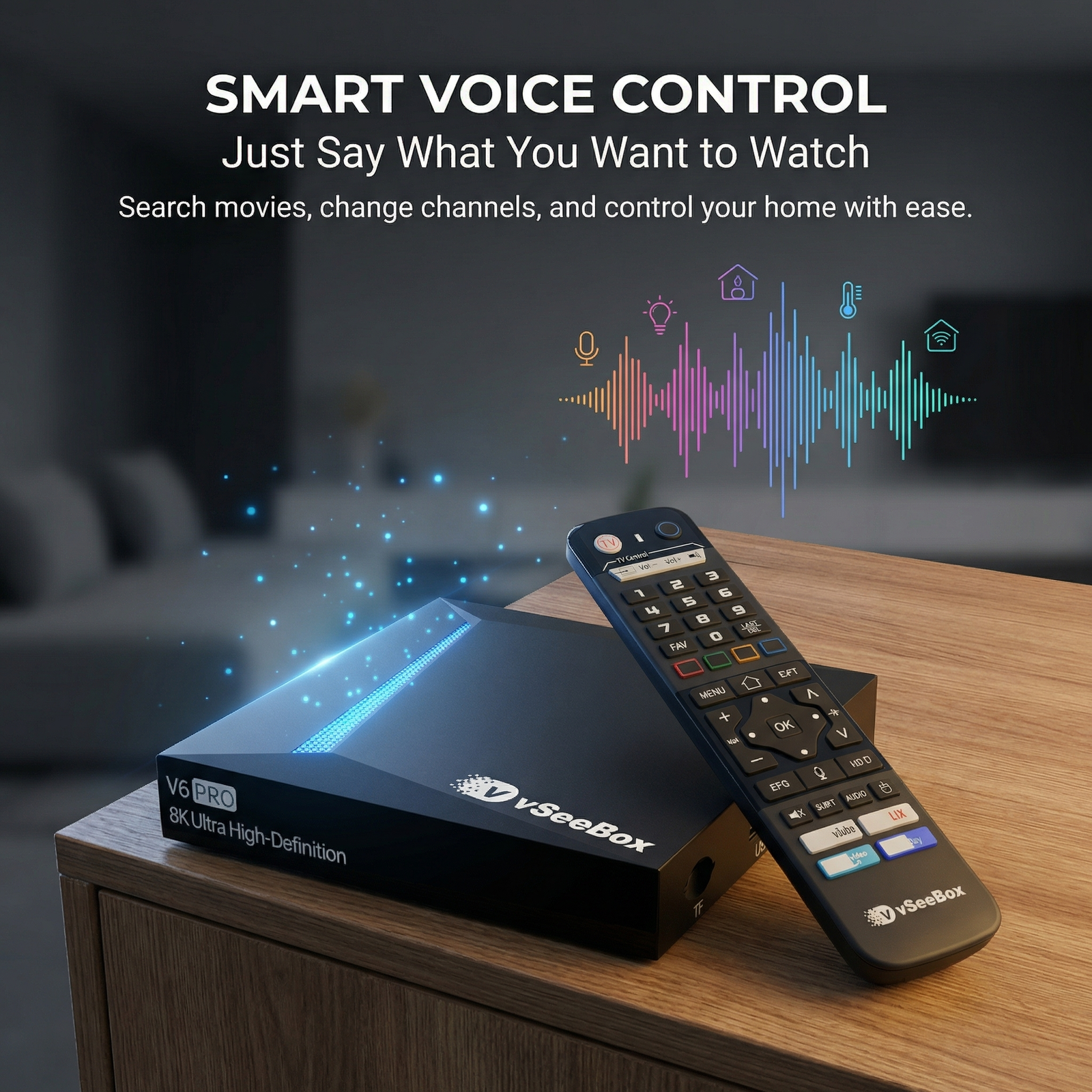 vSeeBox V6 Pro smart voice control remote with Android 14 streaming box on table