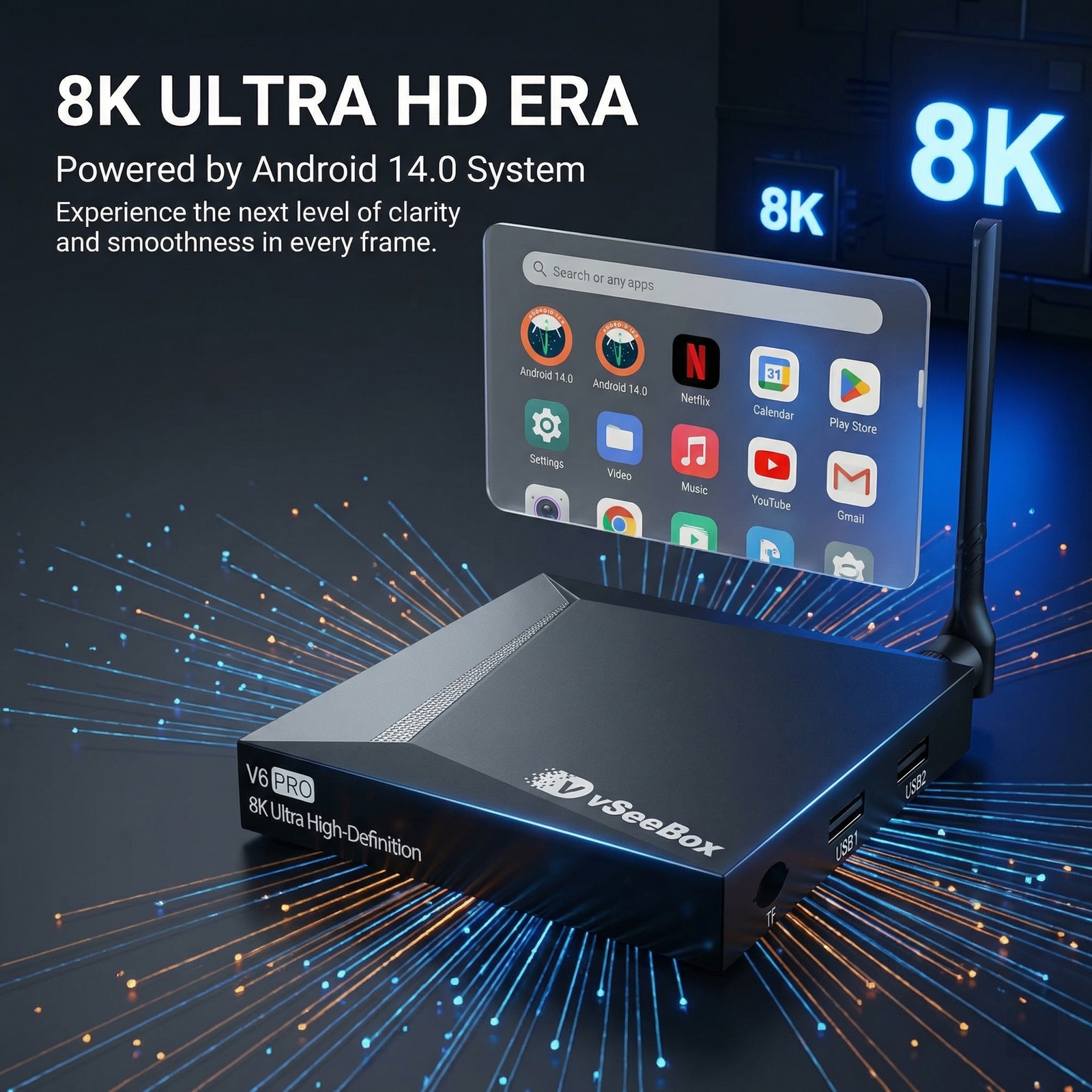 vSeeBox V6 Pro 8K Ultra HD streaming box with Android 14 interface and app display