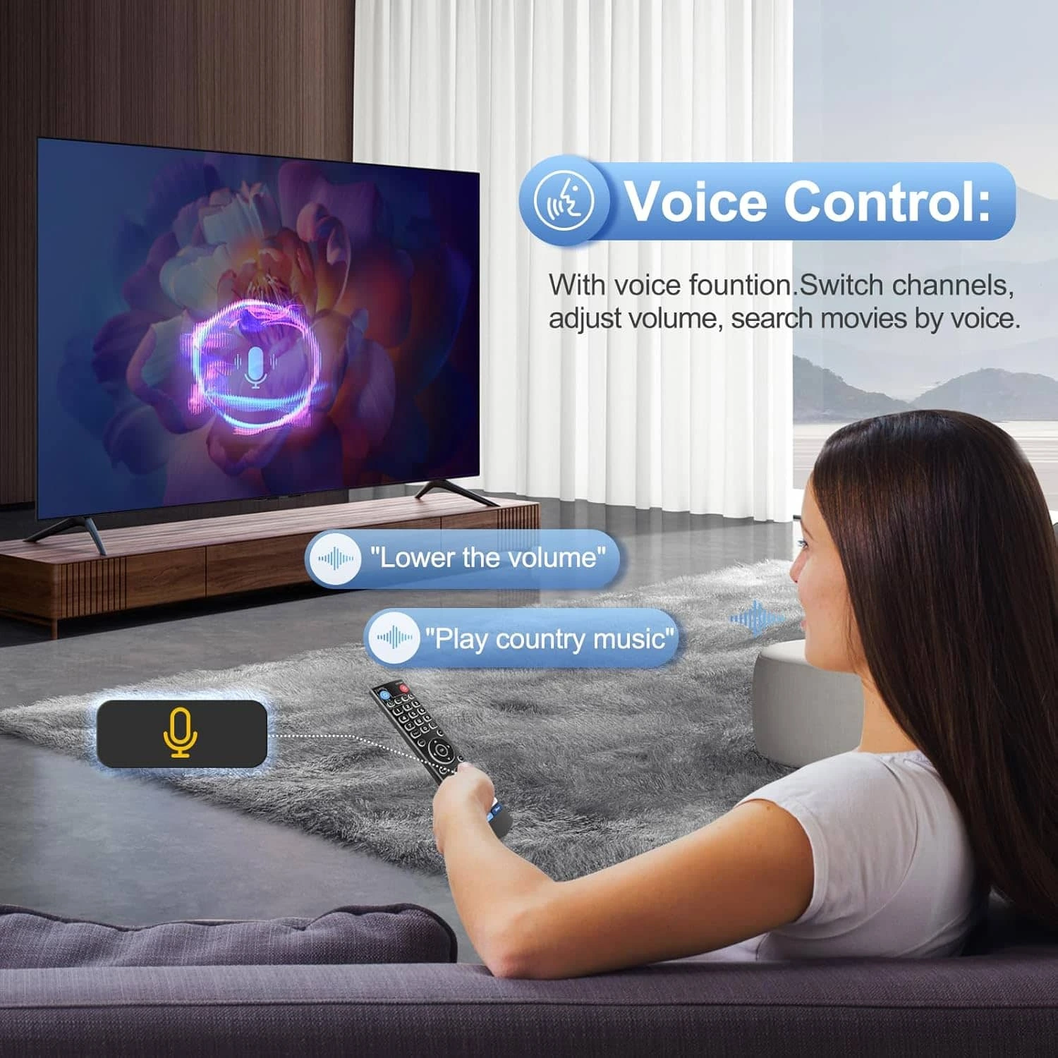vSeeBox V5 Pro backlit remote with voice control functionality in living room setup