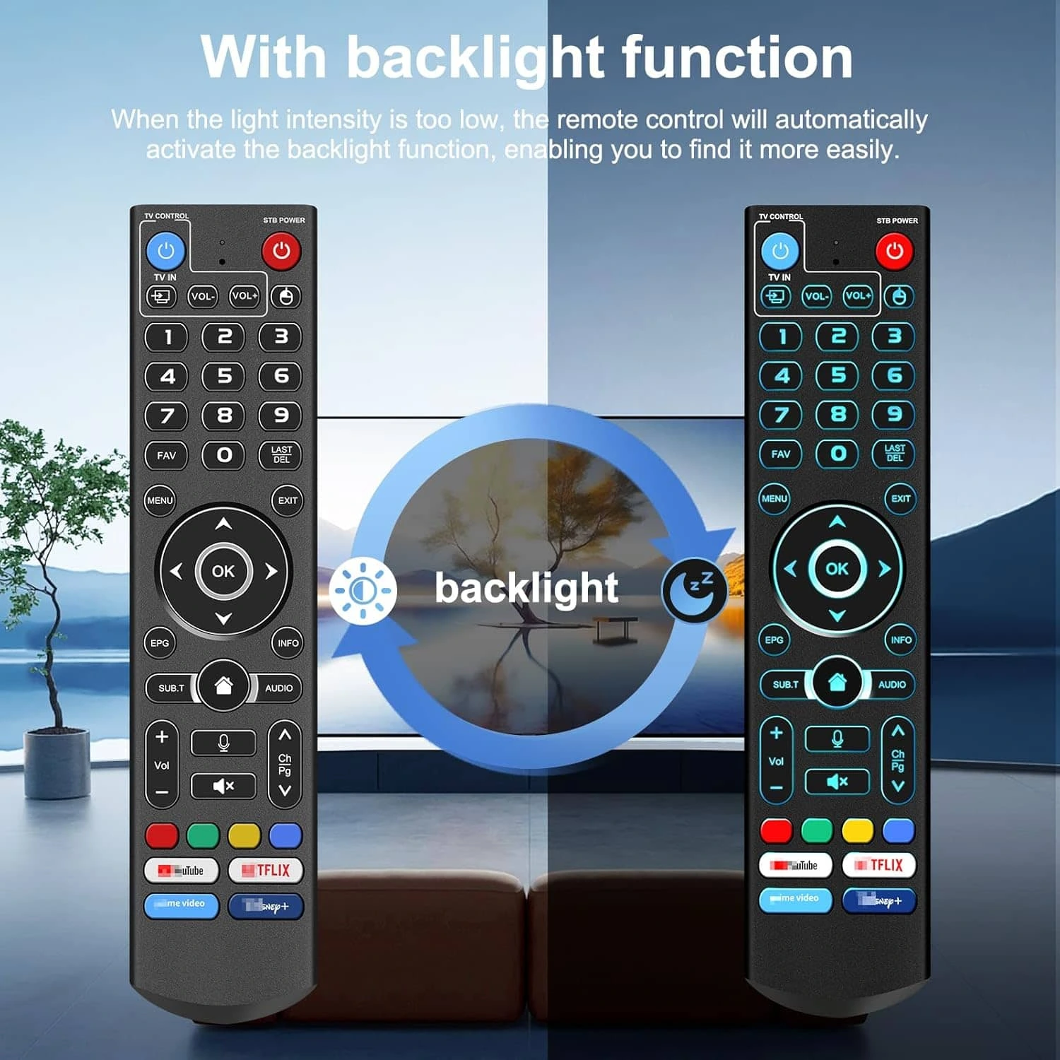 vSeeBox V5 Pro backlit remote illuminated button comparison in dark environment