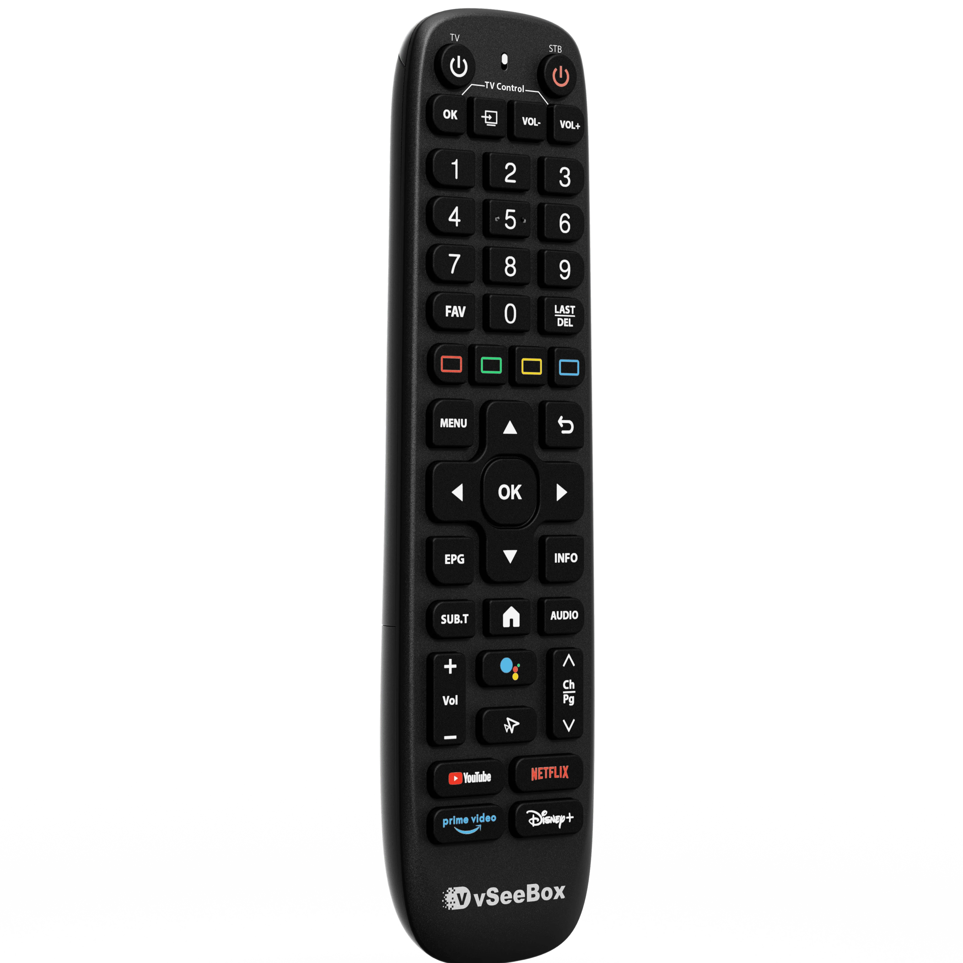Angled front perspective of vSeeBox V6 Plus Remote replacement remote control