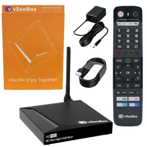 vSeeBox V6 Pro package including streaming box, remote control, power adapter, HDMI cable, and retail box