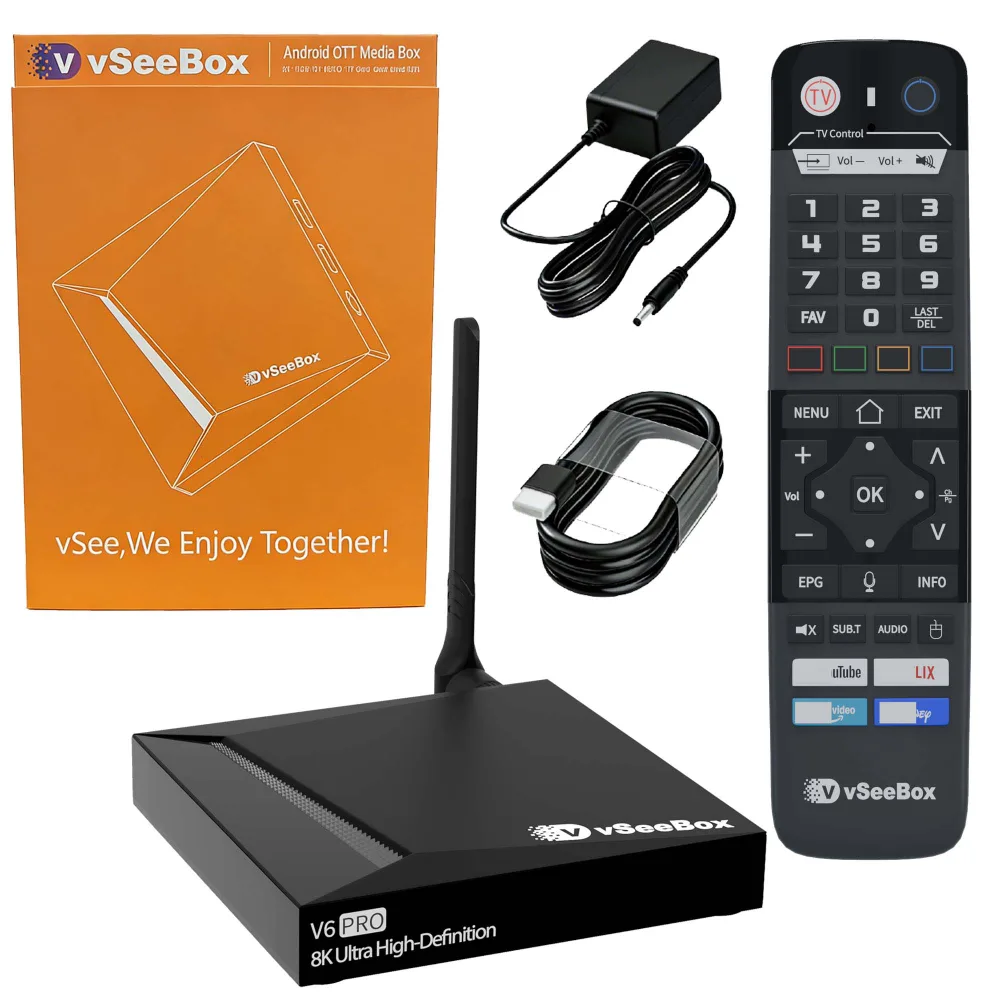 vSeeBox V6 Pro package including streaming box, remote control, power adapter, HDMI cable, and retail box